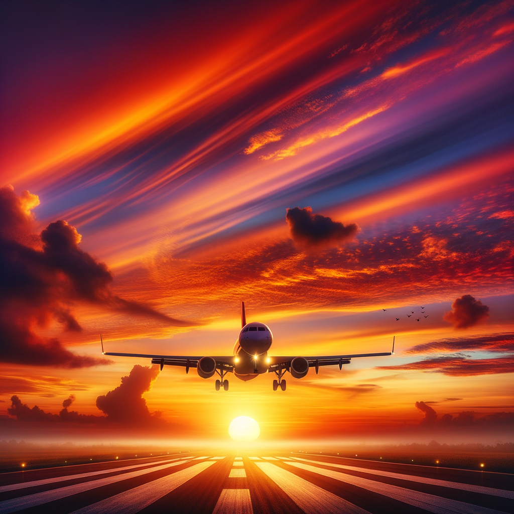 Peaceful landing airplane at sunset representing serene air travel