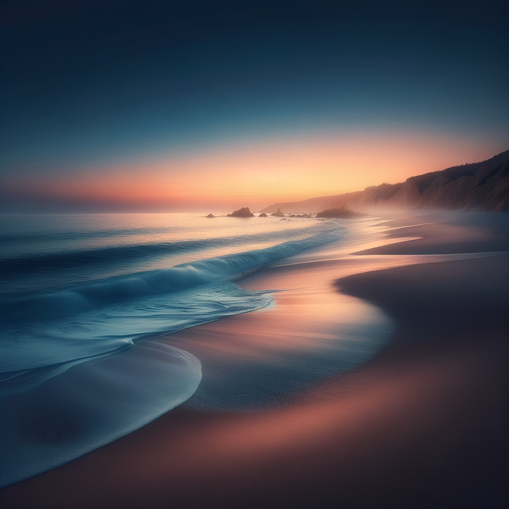 Calm waves gently lapping a sandy shore under a twilight sky depicting peaceful rest