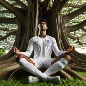 A soccer player sitting cross-legged showing mental preparation through relaxation and focus.