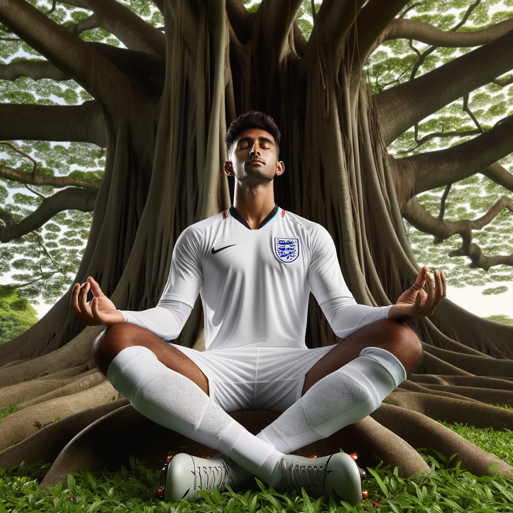 A soccer player sitting cross-legged showing mental preparation through relaxation and focus.