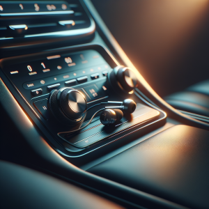 Audio Session for Confident Driving A pair of earbuds next to a driver's seat, indicating use of hypnosis audio.