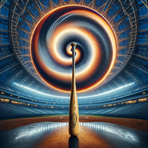 Maple baseball bat surrounded by a swirling hypnotic spiral in a stadium setting.