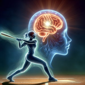 Silhouette of a baseball player with a glowing brain and soft waves symbolizing focus and skill enhancement.