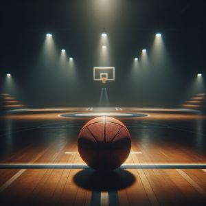 A single basketball on a dimly lit court at night for mental focus