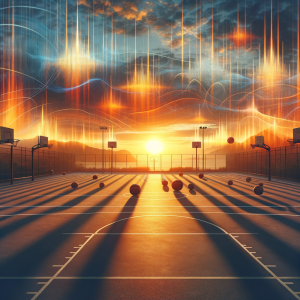 A serene basketball court at sunset with subtle sound waves representing hypnosis.