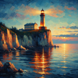 Impressionistic lighthouse glowing at dusk on an ocean cliff