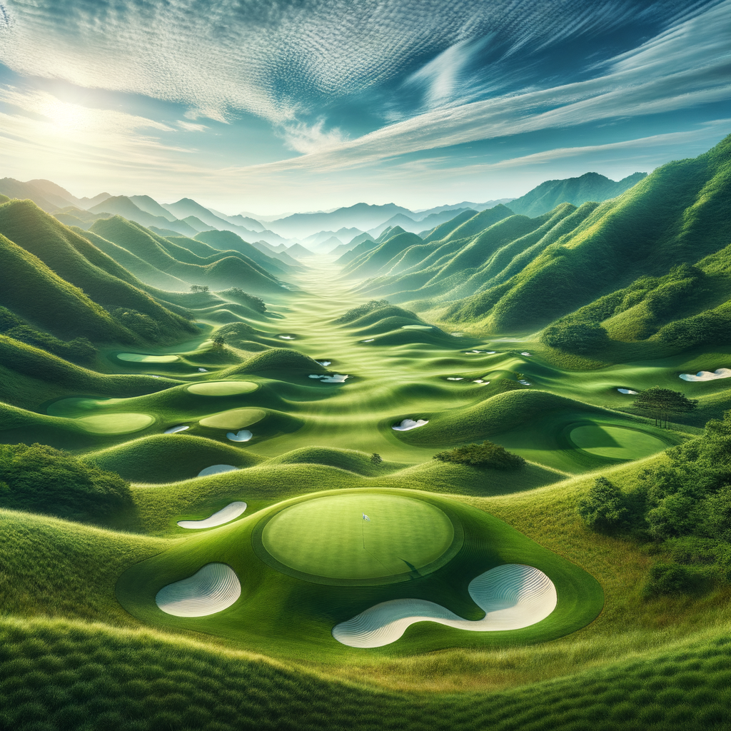 Lush golf green surrounded by rolling hills