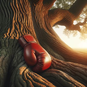 Boxing glove resting against an oak tree's trunk