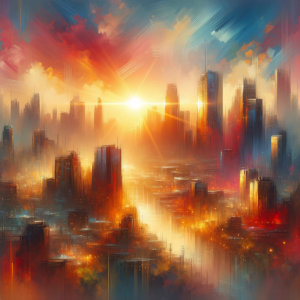 Businessman looking at a sunrise over the city