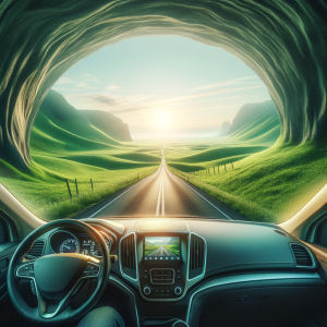 A serene landscape viewed from a car window, symbolizing calm driving.