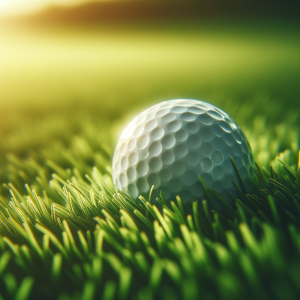 Close-up of a golf ball on the grass with a gentle breeze