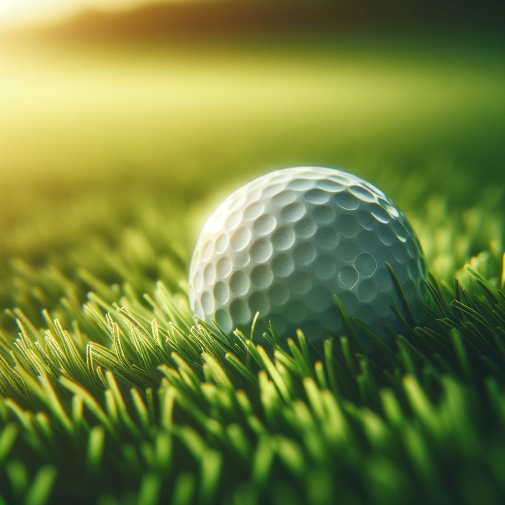 Close-up of a golf ball on the grass with a gentle breeze