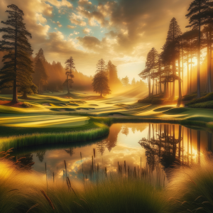 Calm golf course at sunrise representing focus