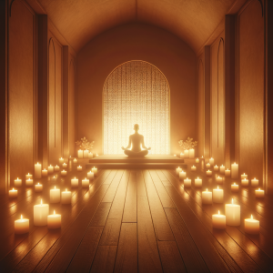 tranquil meditation space with soft lighting and calming ambiance