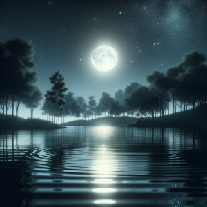 A serene moonlit lake reflecting the night sky