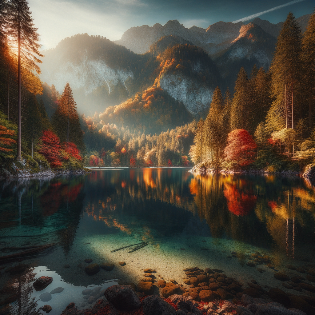 A tranquil mountain lake reflecting an autumn landscape, symbolizing personal growth and peace through hypnosis.