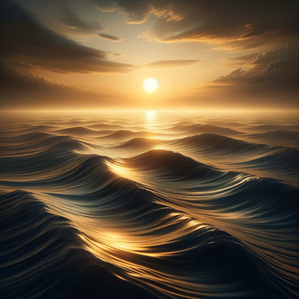 Gentle ocean waves reflecting a golden sunset, illustrating peace and transformation.