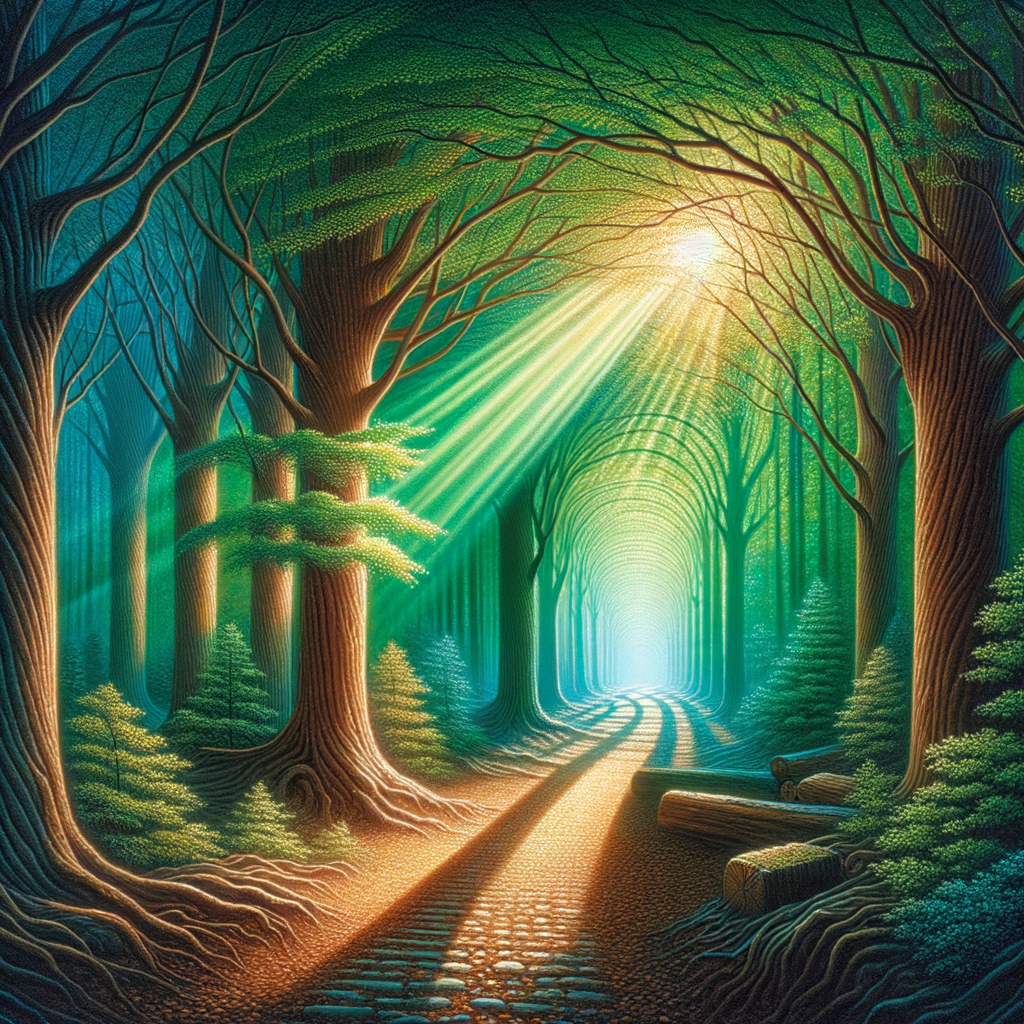 Bright sunlit forest path inviting calm and reflection