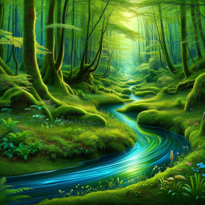 Quiet stream flowing through an enchanted forest with colorful flora