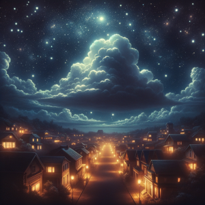 A starry night sky over a quiet town, with soft luminous clouds