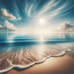 Gentle ocean waves lapping against a sandy shore under a peaceful sky