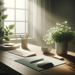 Tranquil office desk setup with soft natural light