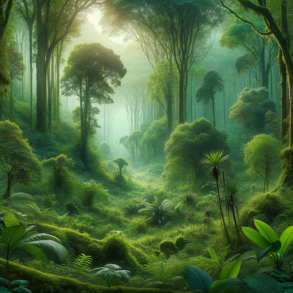 Lush forest with misty air creating a relaxing and serene ambiance