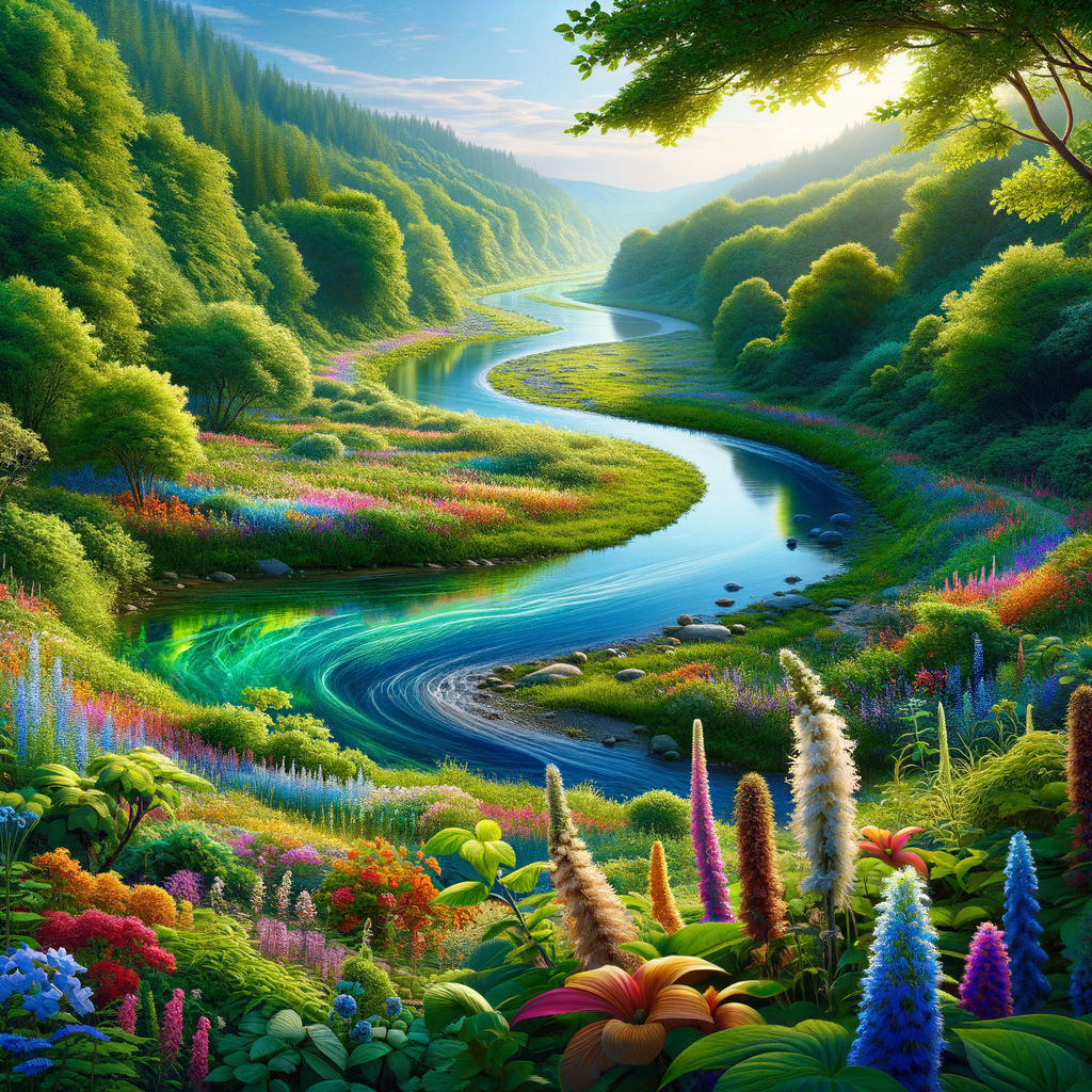A gentle river flowing peacefully through a lush landscape