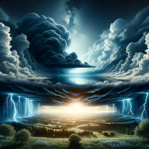 Peaceful landscape during a thunderstorm, symbolizing calm amidst the storm