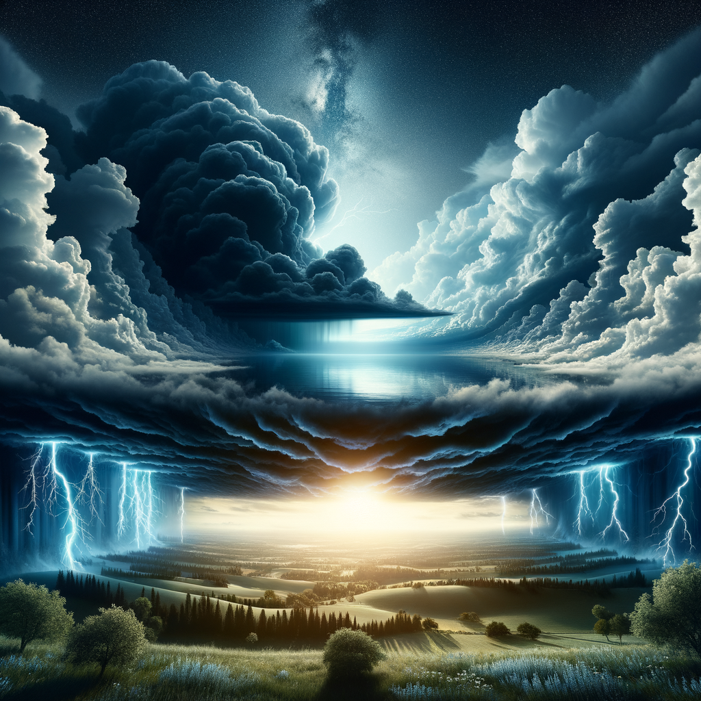 Peaceful landscape during a thunderstorm, symbolizing calm amidst the storm