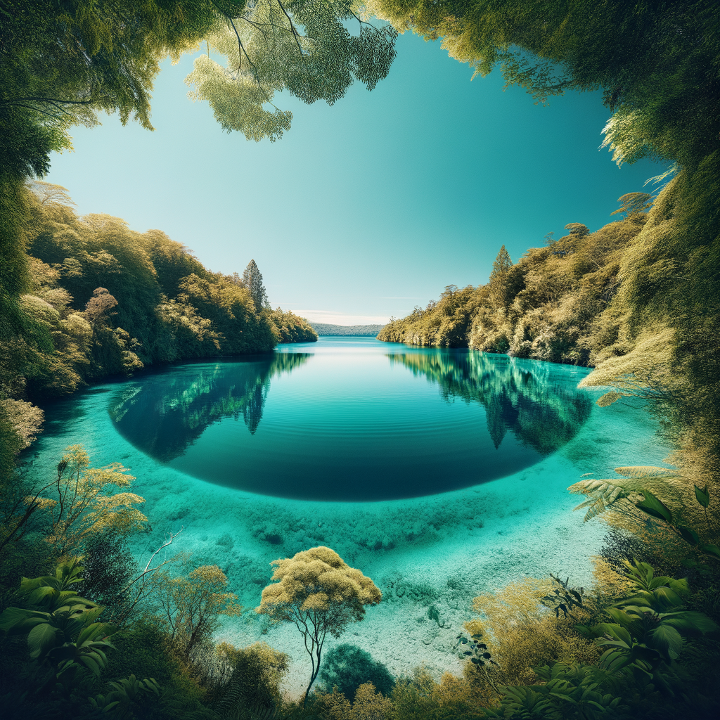 Gentle waves in a lagoon surrounded by lush green trees