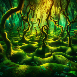 A magical forest opening filled with vibrant, whimsical trees
