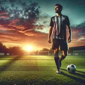 A single confident soccer player standing poised on an empty field, radiating self-assurance just before a game.