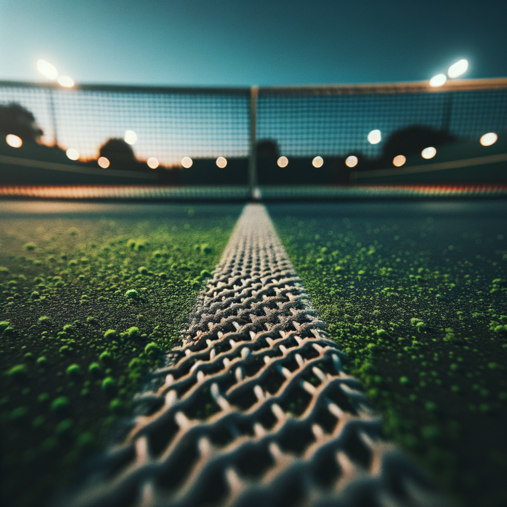 Tennis court viewed from a low angle, exuding an atmosphere of anticipation and confidence.