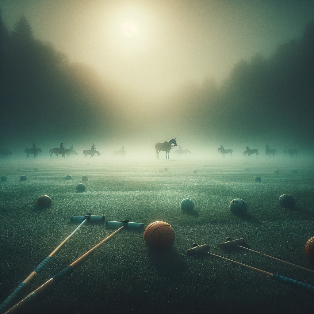 Peaceful visualization of a player meditating next to a tranquil polo field.