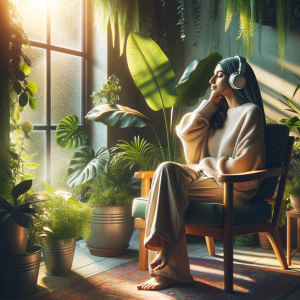 person relaxing with headphones, peaceful environment