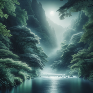 A peaceful scene of a calm river at night surrounded by lush greenery, representing tranquility and relaxation for anxiety relief.