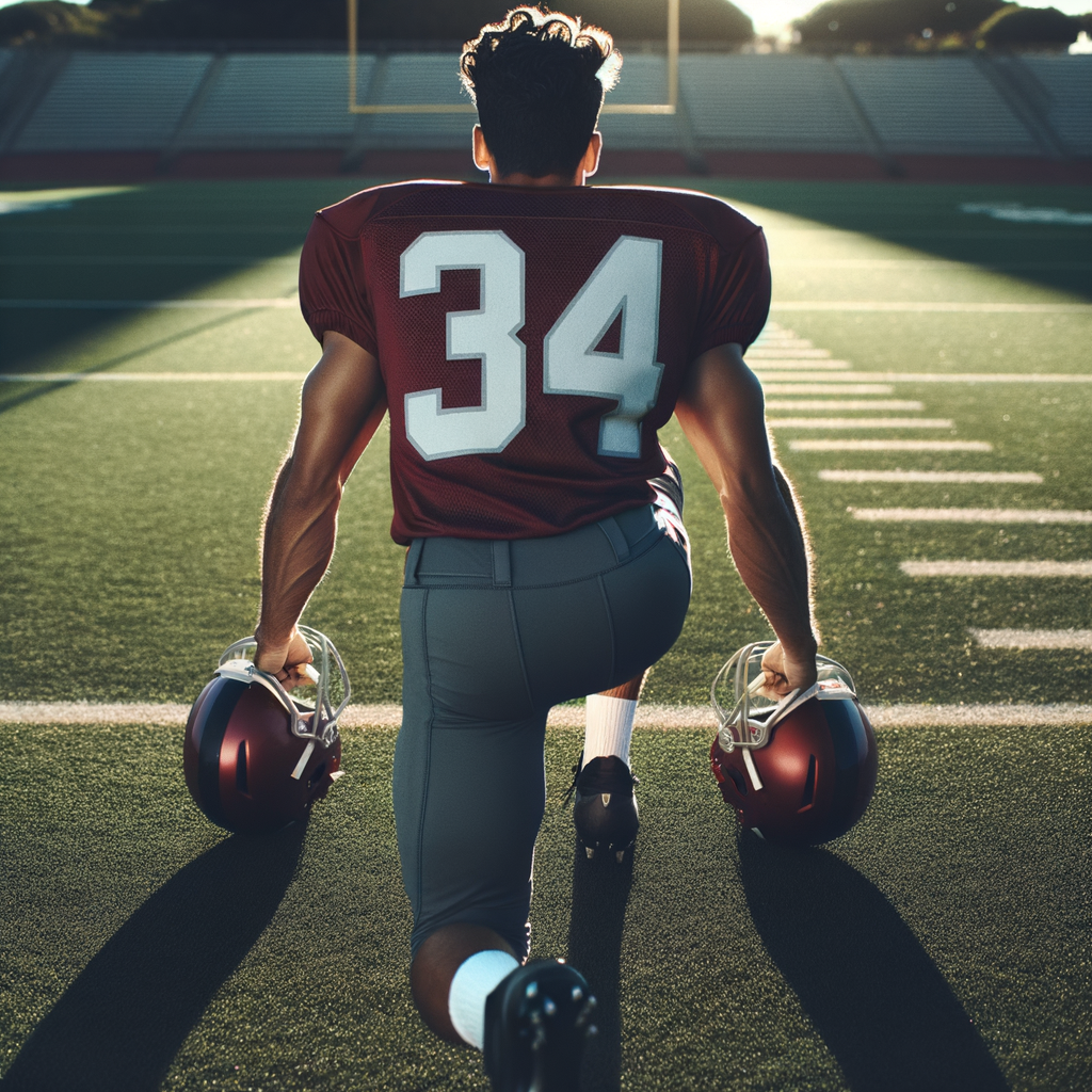 A football player confidently strides onto the field alone
