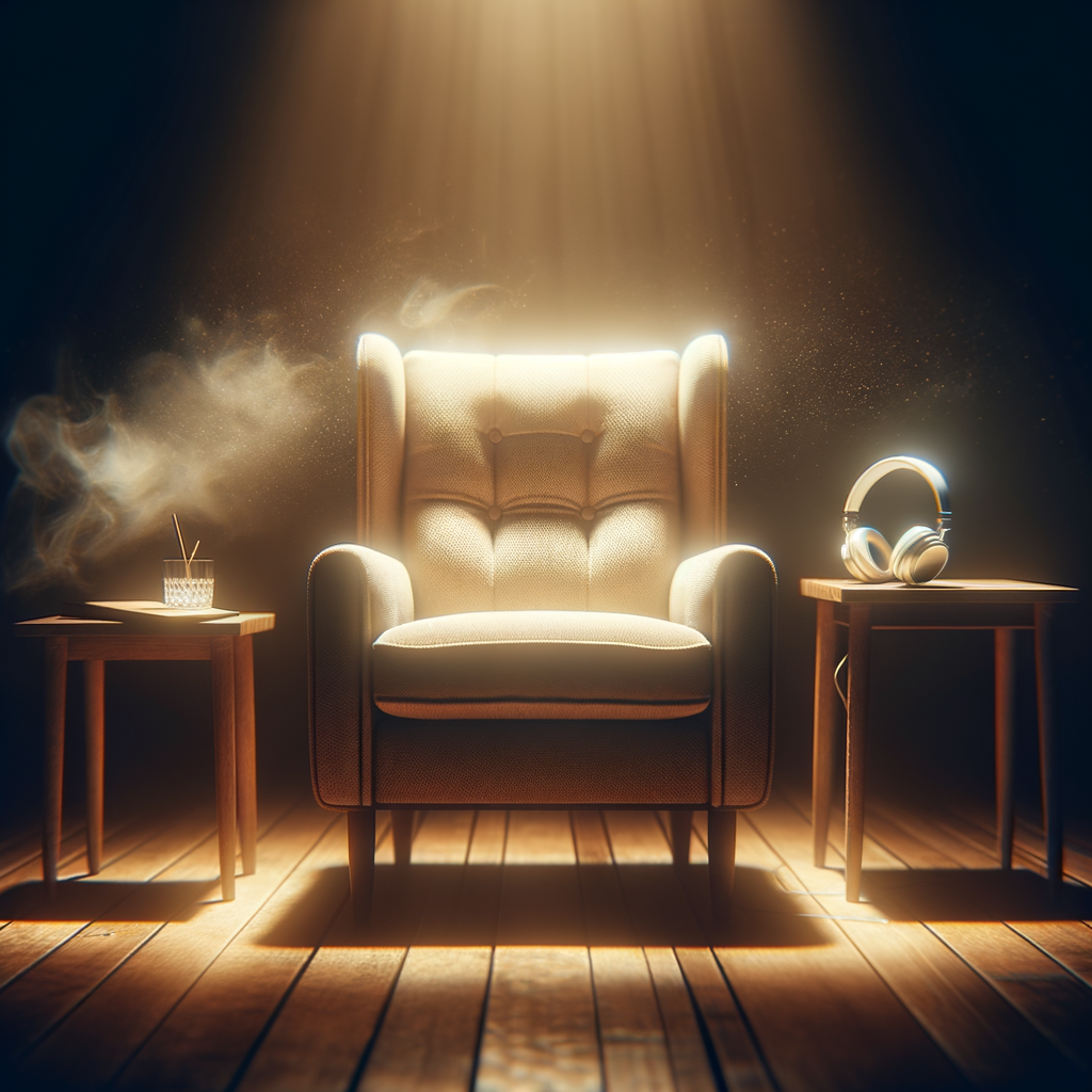 A person sitting peacefully in a quiet room listening to hypnosis audio.