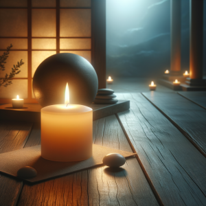 Soft candlelight next to a sleeping figure, embodying tranquility and peaceful rest