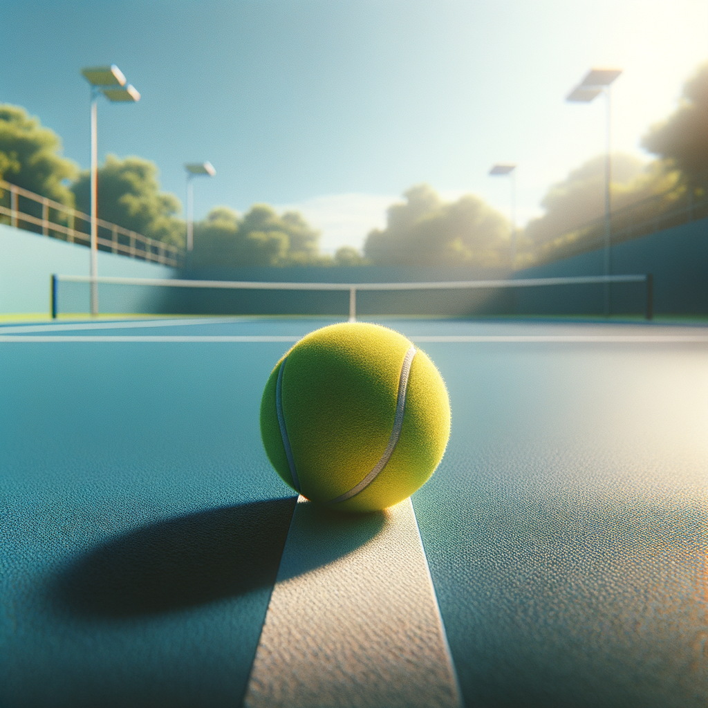 A single tennis ball resting on a marked court under a serene sky, representing potential.