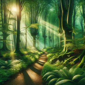 Serene forest path leading to a tranquil clearing