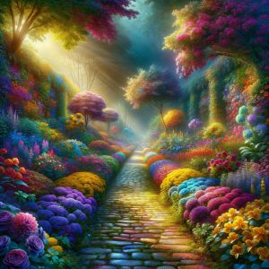 A whimsical garden path leading into a vibrant, colorful world