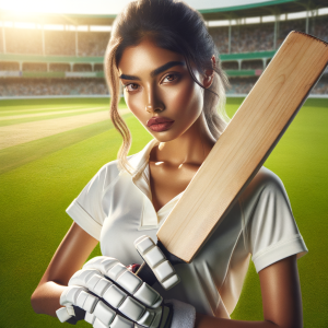 Cricketer confidently holding a cricket bat with an expression of focus