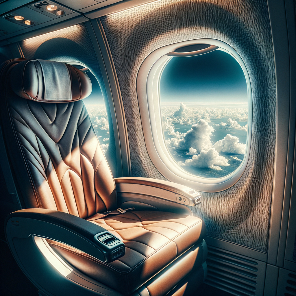 Comfortable passenger seat on an airplane with a clear view outside