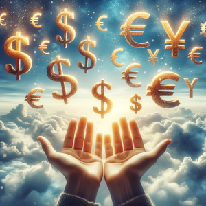 An image depicting the release from financial stress symbolized by a pair of open hands freeing chaotic financial symbols into a tranquil sky.