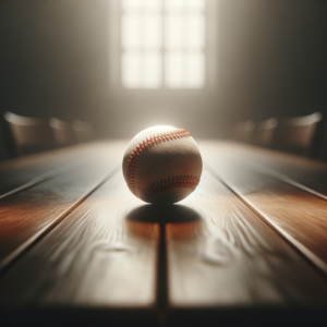 A calm and serene baseball sitting on a smooth surface, symbolizing mental clarity and focus