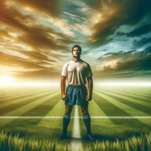 Rugby player standing focused on an open field at sunrise