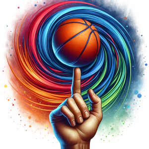 A lone basketball spinning on a finger with a vivid swirl of colors signifying focus.