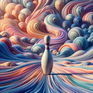 A single bowling pin surrounded by calm, swirling colors symbolizing focus and inner calm.